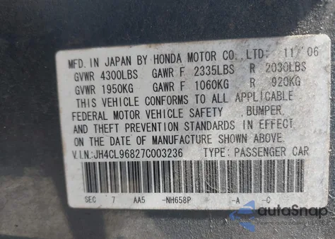 2007 Acura Tsx z USA, uszkodzony, nr VIN JH4CL96827C003236